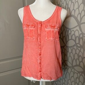 Aeropostale Sz S Sleeveless Blouse Front Pockets Coral Pigment Dyed Round Neck